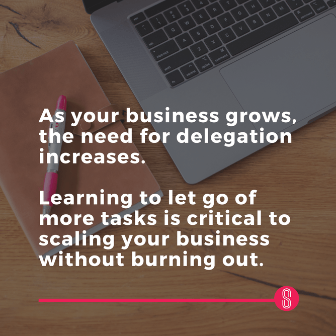 Close-up of a laptop with a pen and notebooks, with text overlay: "As your business grows, the need for delegation increases..." in pink