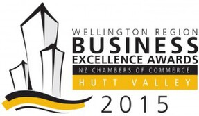Wellington Region Business Excellence Awards 2015 logo, featuring stylised buildings, a yellow wave, and the text "Hutt Valley" at the base