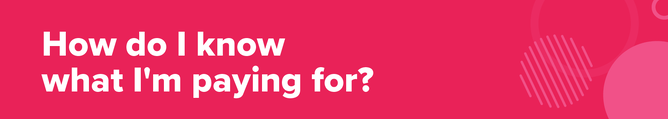 "How do I know what I'm paying for?" in white text on a vibrant pink background with circular graphic elements