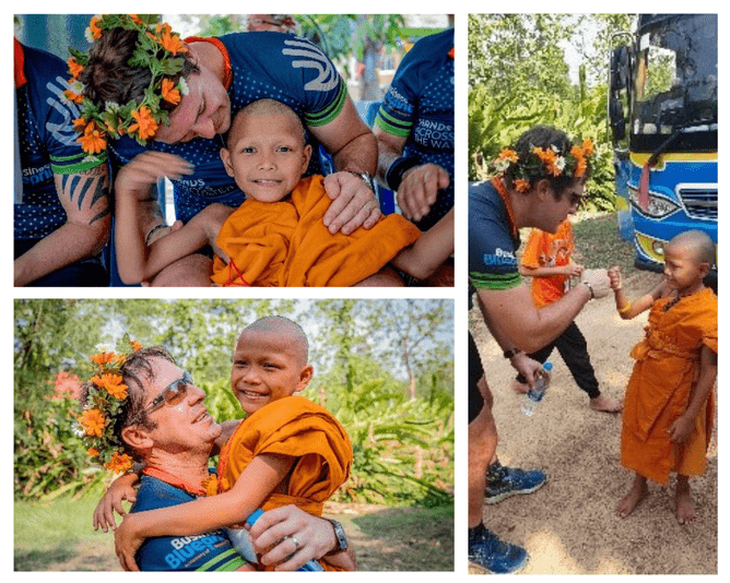 A collage of three images showing a man with a flower crown interacting with a young monk in Thailand