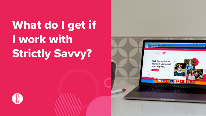 "What do I get if I work with Strictly Savvy?" on the left with pink background, laptop with Strictly Savvy website on the right