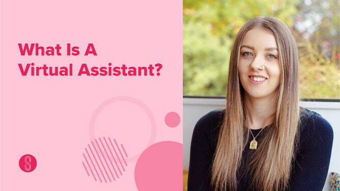 "What Is A Virtual Assistant?" in pink on the left with soft pink graphic elements, featuring a woman smiling on the right with blurred background