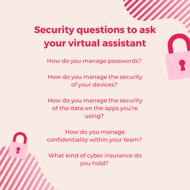A graphic listing security questions to ask your virtual assistant, featuring a pink lock icon and striped design