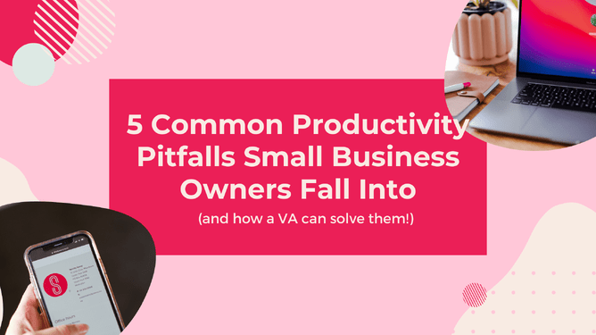 Smartphone on the left, laptop on the right with pink background, framed circles, and text '5 Common Productivity Pitfalls for Small Businesses