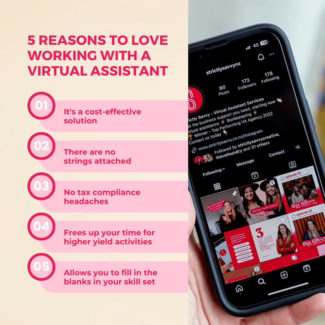 A close-up of a hand holding a phone displaying Strictly Savvy's Instagram page, next to a list of five reasons to love working with a virtual assistant in bold pink text