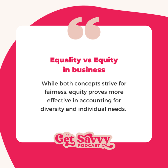 Quote graphic featuring "Equality vs Equity in business" in bold pink text, along with a brief explanation beneath it, with a pink circular accent and the "Get Savvy Podcast" logo at the bottom