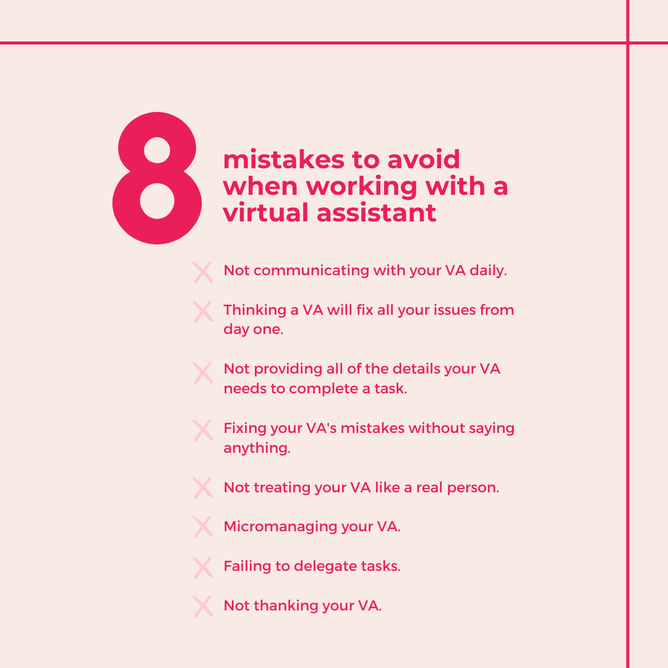 A list of eight mistakes to avoid when working with a virtual assistant, with each point marked by a bold pink 'X' and accompanied by a soft beige background with a pink border