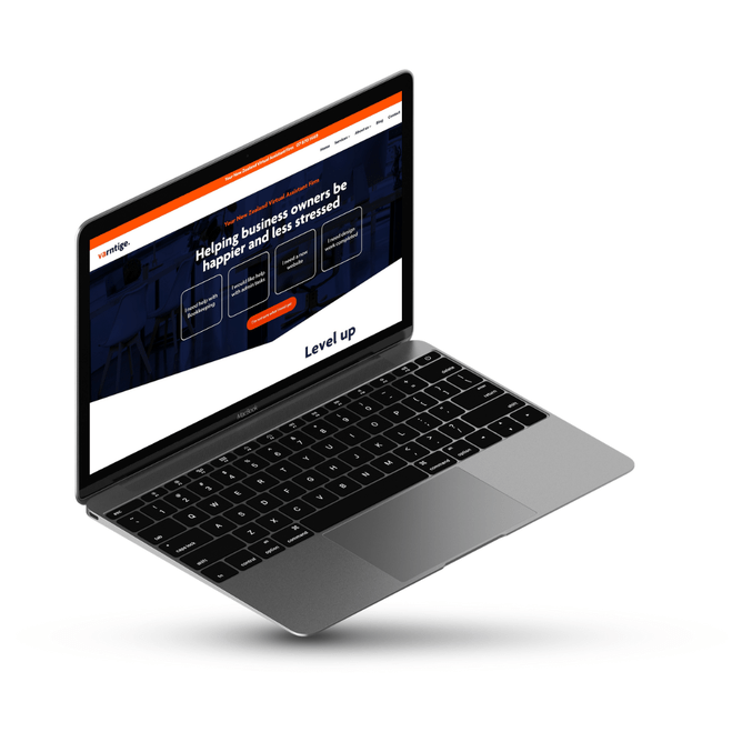 A screenshot of the "Varntige" website's homepage displayed on a MacBook mockup, featuring the tagline "Helping business owners be happier and less stressed" and a call-to-action button