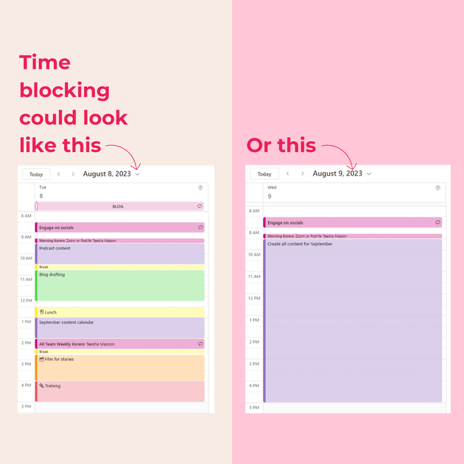 A split image showing two different time-blocking calendar layouts: on the left, a detailed calendar, and on the right, a simpler calendar, with highlighted sections in purple and pink