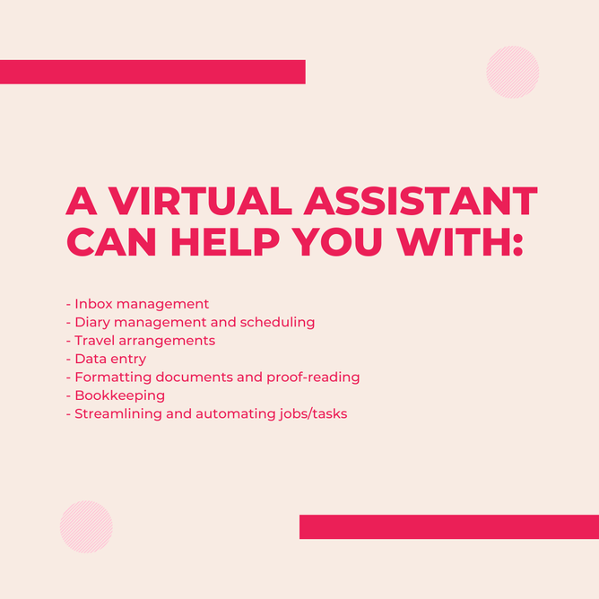 "A virtual assistant can help you with: inbox management, scheduling, travel, data entry, bookkeeping", with graphic elements on the corners