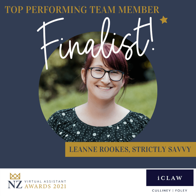 Leanne Rookes from Strictly Savvy, finalist for the Top Performing Team Member at the NZ Virtual Assistant Awards 2021, with a background of greenery and the award branding