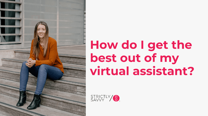 A woman with long hair in an orange sweater sitting on wooden steps, smiling, with bold pink text asking 'How do I get the best out of my virtual assistant?'