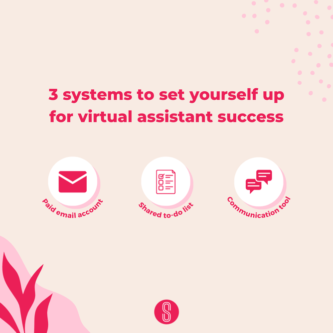 Three icons for a paid email account, shared to-do list, and communication tool, with the title "3 systems to set yourself up for virtual assistant success