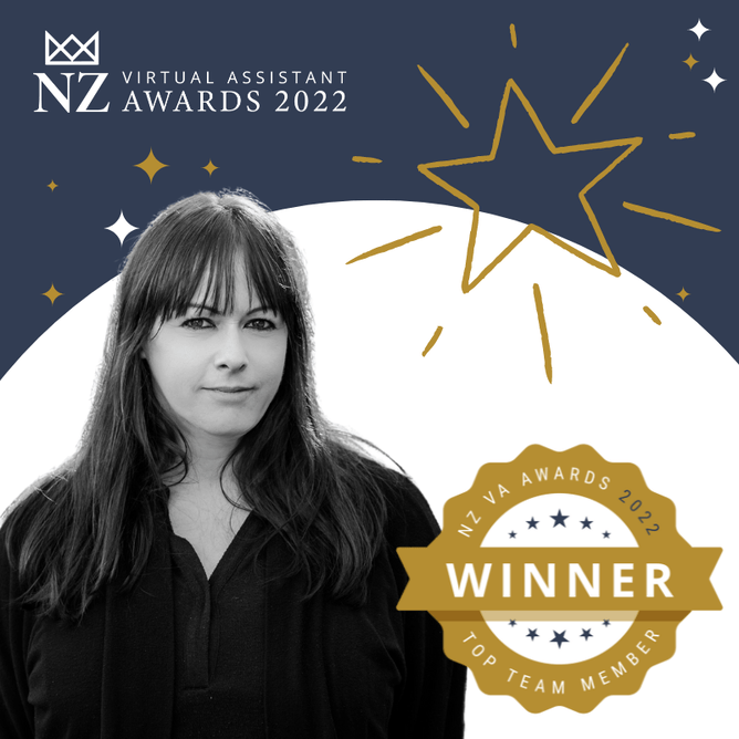 A graphic showing a black and white photo of a woman with long hair, labelled as the winner of the "Top Team Member" category at the 2022 NZ Virtual Assistant Awards, featuring a star graphic and a winner badge