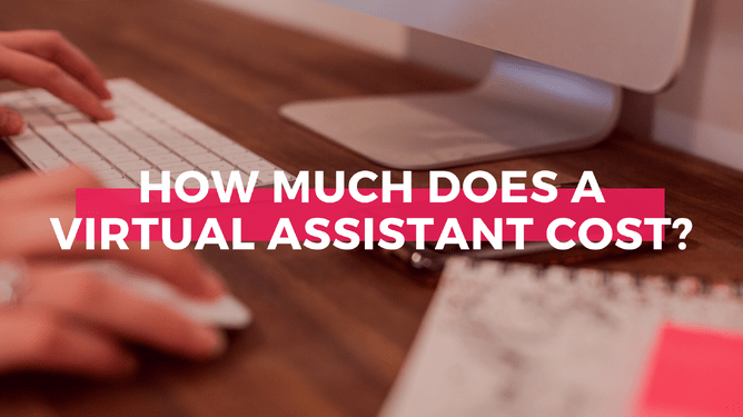 Close-up of a person's hands typing on a keyboard, with a notebook and pen on the desk, and the text "How much does a Virtual Assistant cost?" overlaid
