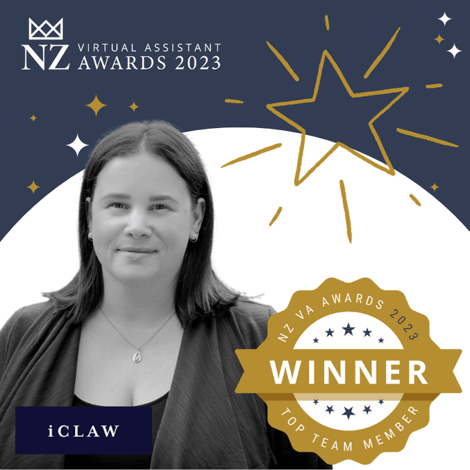 Black and white portrait of a woman with shoulder-length hair, smiling and wearing a necklace, with a 'Top Team Member' winner badge and gold star graphics for the NZ Virtual Assistant Awards 2023