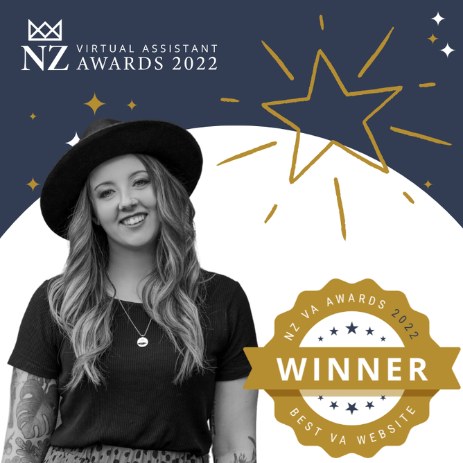 A black and white image of a woman wearing a black hat, with a gold 'Winner' badge for Best VA Website at the 2022 NZ Virtual Assistant Awards