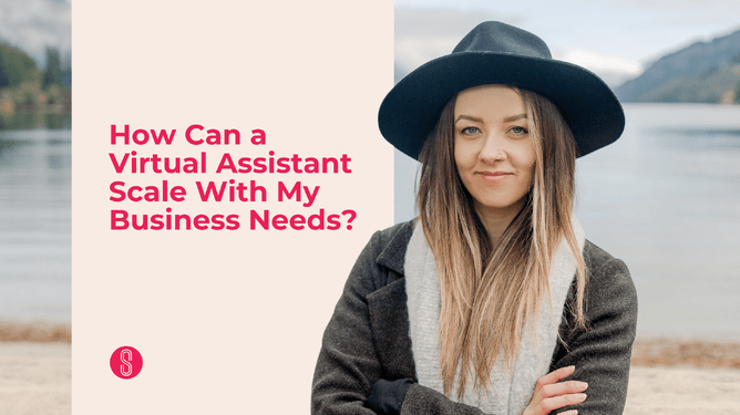 Woman with long hair and a black hat standing outdoors in front of a lake, with the text "How Can a Virtual Assistant Scale With My Business Needs?" in pink
