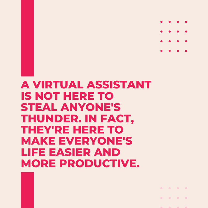 Quote about the supportive role of a virtual assistant in making everyone’s work easier and more efficient, with a pink and beige background ith pink dots in the corners