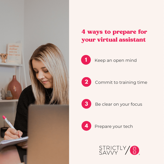 A woman with blonde hair and a black top writing in a notebook while holding a pink pen, with a list of four ways to prepare for a virtual assistant on the right