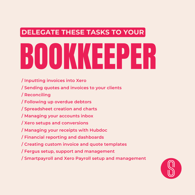 List of bookkeeping tasks, including Xero setup, invoice management, and financial reporting, with a red "BOOKKEEPER" header on a beige background