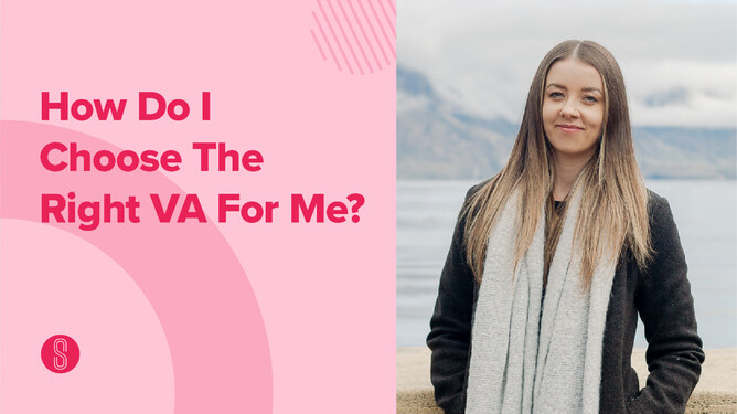A woman in a black coat and grey scarf stands by a lake, with the question "How Do I Choose The Right VA For Me?" in bold pink text on a pink background