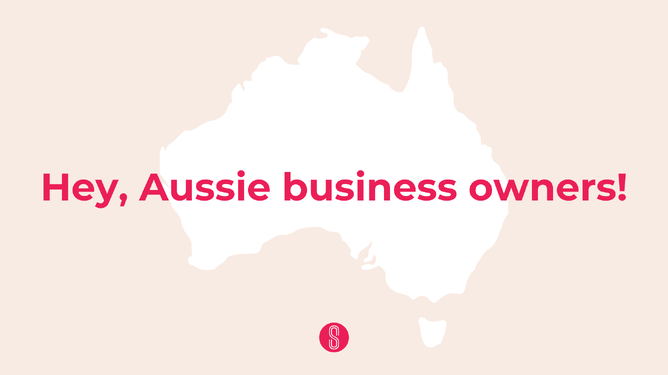 Australia map silhouette with bold pink text saying 'Hey, Aussie business owners!' and the Strictly Savvy logo at the bottom center