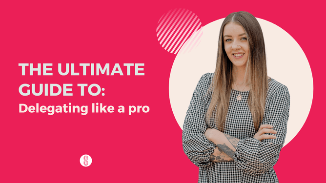 "The Ultimate Guide To: Delegating like a pro" title in white on bright pink background with woman in checkered dress standing with arms crossed