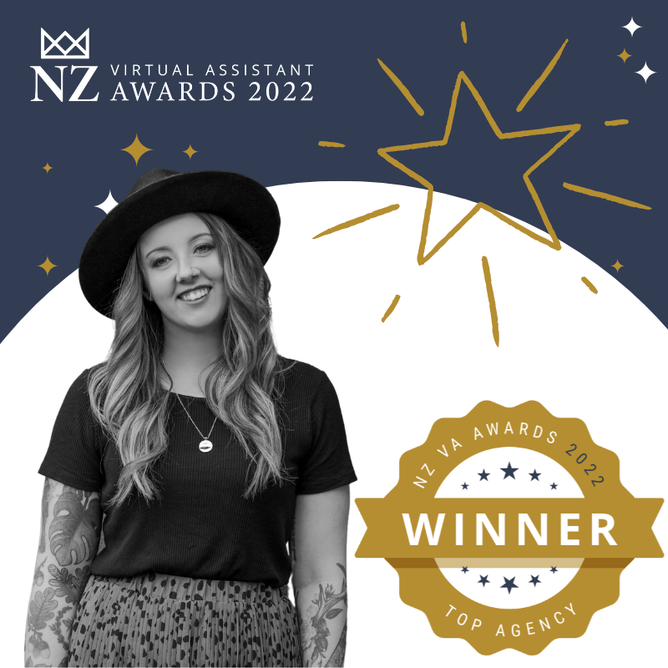  A black-and-white photo of a woman in a black hat and t-shirt, with tattoos, celebrating her win as Top Agency at the NZ Virtual Assistant Awards 2022, featuring a star graphic and gold winner badge