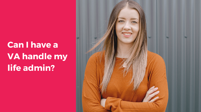 A woman with long hair wearing an orange sweater stands with her arms crossed in front of a grey corrugated metal background, with text asking, "Can I have a VA handle my life admin?"