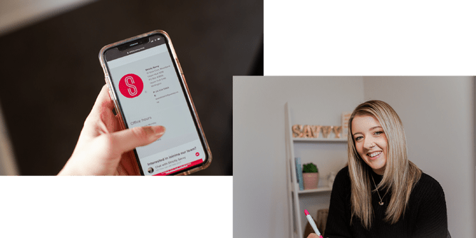 A split image showing on the left a hand holding a smartphone displaying the Strictly Savvy website and on the right, a woman smiling while writing with a pink pen in a cosy office setting