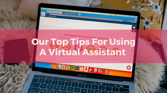 A laptop displaying the Strictly Savvy website with a pink overlay that reads 'Our Top Tips For Using A Virtual Assistant,' showing award icons in the background