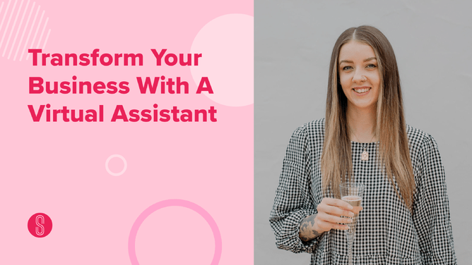 "Transform Your Business With A Virtual Assistant" title in pink on the left with soft pink graphic elements, featuring a smiling woman holding a glass on the right with a blurred background