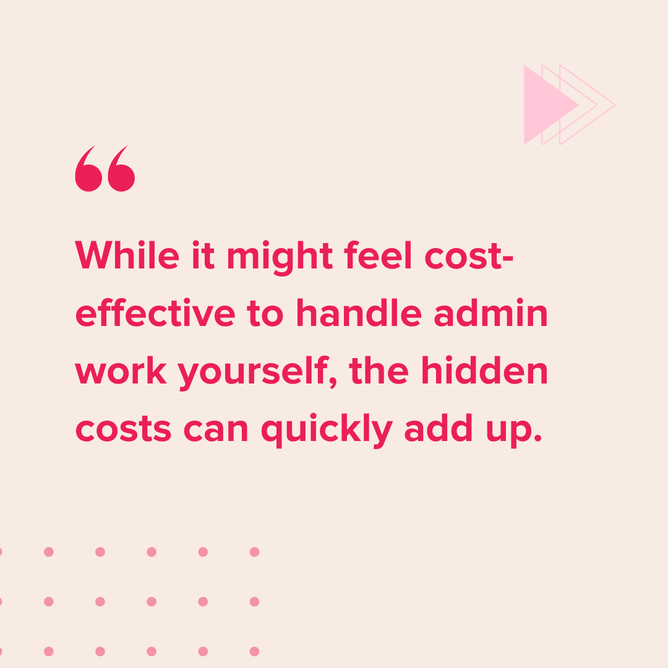 Quote with pink text about DIY admin work, beige background with pink triangle shapes on the top right and dotted accents at the bottom