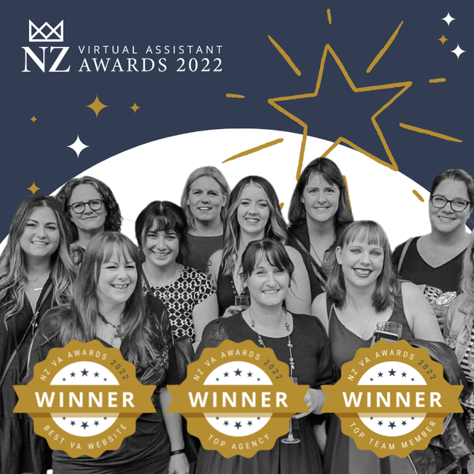 A black and white group photo of a team celebrating with 'Winner' badges for Best VA Website, Top Agency, and Top Team Member at the 2022 NZ Virtual Assistant Awards