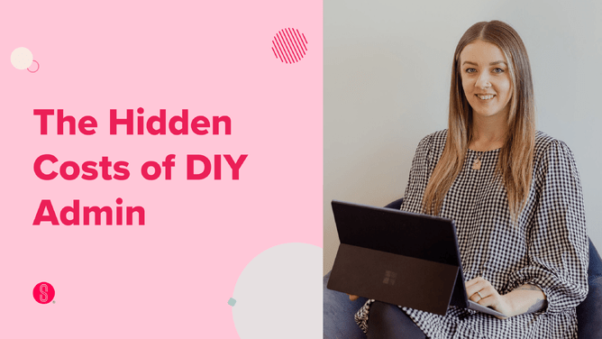 A person sitting with a laptop in their lap on a couch, with a bright pink background and the text 'The Hidden Costs of DIY Admin' in bold pink