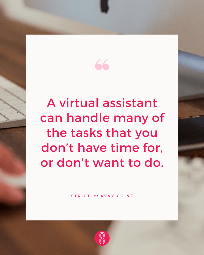 Quote about virtual assistants handling tasks, with a clean white background and a partial image of a keyboard with a person's hand in the foreground