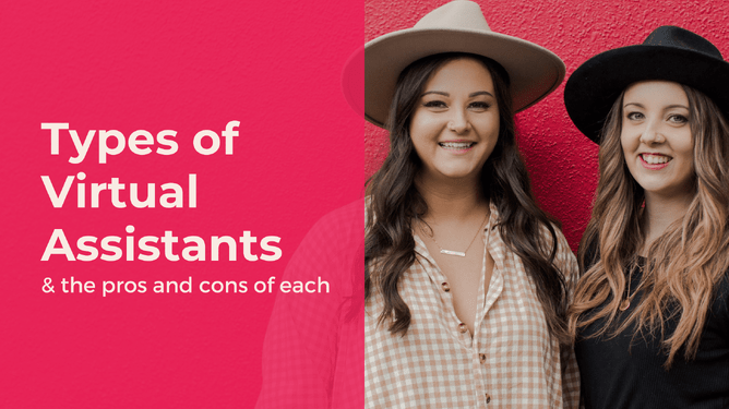 Title "Types of Virtual Assistants & the pros and cons of each" with two women wearing hats standing against a pink wall, smiling on the right