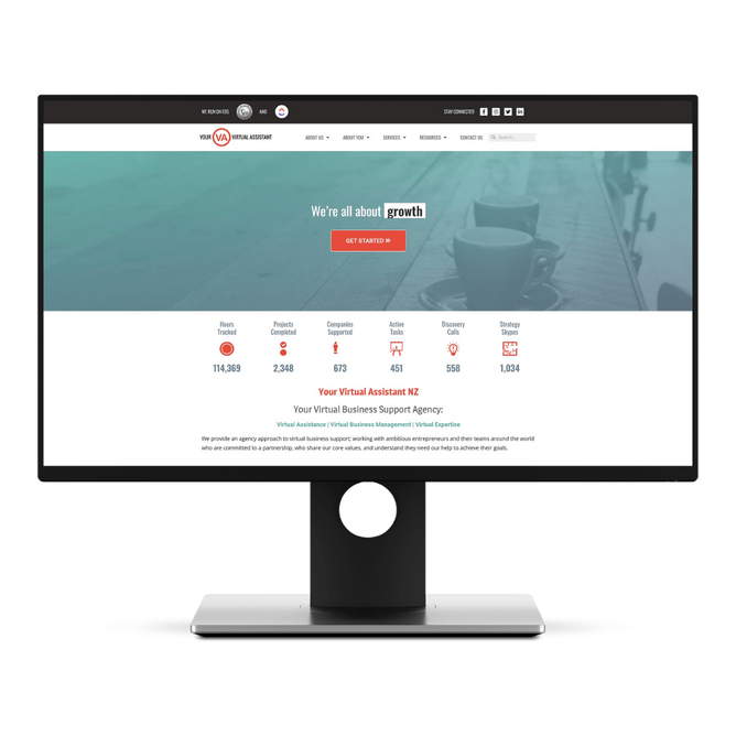 A screenshot of the "Your Virtual Assistant NZ" website's homepage displayed on a monitor mockup, showcasing key metrics, projects completed, and companies supported, along with a CTA button