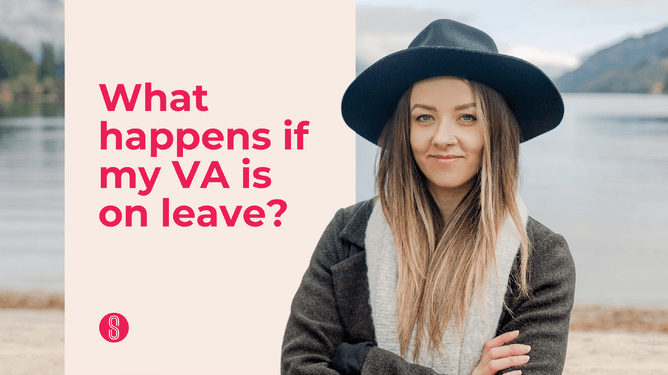 "What happens if my VA is on leave?" title in pink, with a woman in a black hat standing against a scenic mountain and lake backdrop on the right