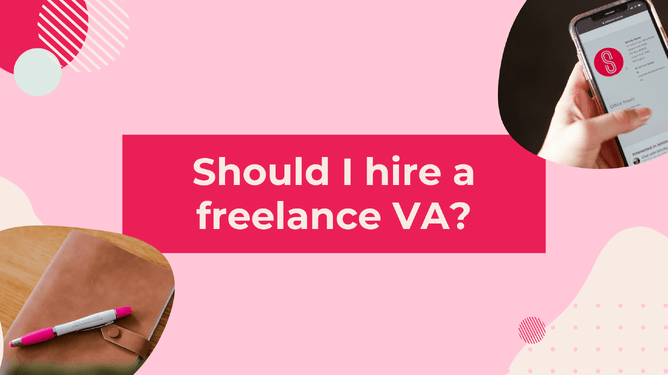 Pink background with geometric shapes, a phone showing Strictly Savvy's profile on the screen, a notebook with a pen, and a leather folder on a desk with the text 'Should I hire a freelance VA?'