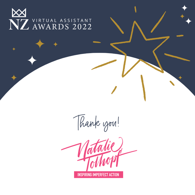 A graphic with a star and sparkling elements, featuring the text "Thank you!" and the name "Natalie Tolhopf" with the tagline, as part of the 2022 NZ Virtual Assistant Awards