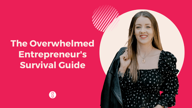 A pink background with the text 'The Overwhelmed Entrepreneur's Survival Guide' in white, and a woman in a black dress with a leather jacket
