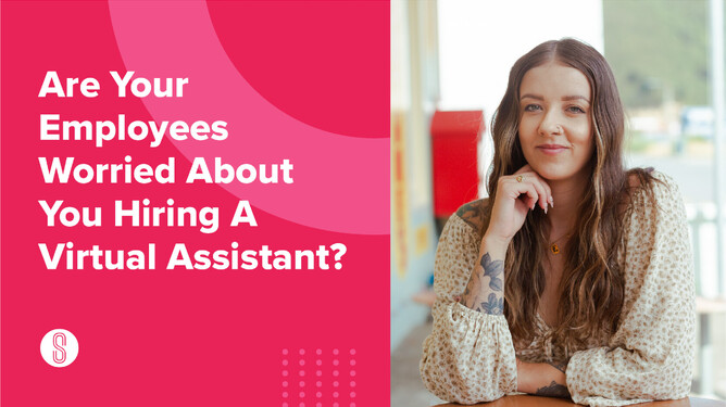 "Are Your Employees Worried About You Hiring A Virtual Assistant?" title in white on the left, with a woman sitting at a café table on the right