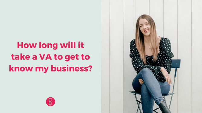 A woman with long hair in a black polka dot blouse sitting on a chair, with the text 'How long will it take a VA to get to know my business?' in pink on the left