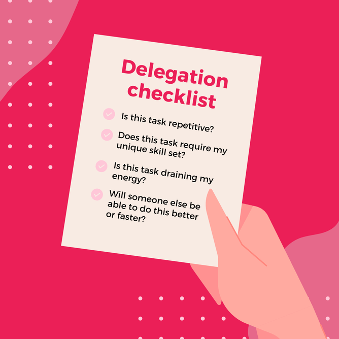 A hand holding a checklist titled 'Delegation checklist' with questions, on a bright pink background with white polka dots