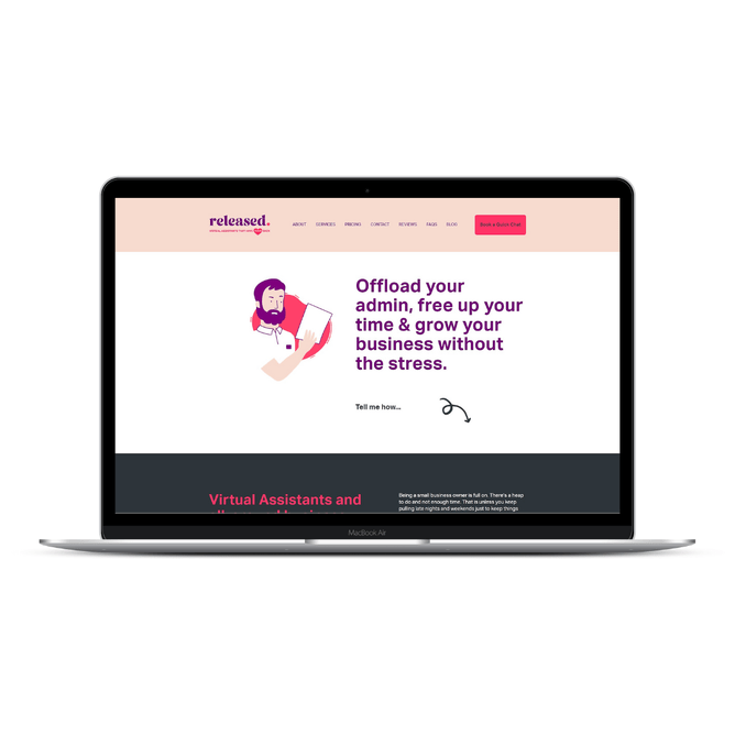 A screenshot of the "Released" website's homepage displayed on a MacBook Air mockup, featuring their tagline and a call-to-action button