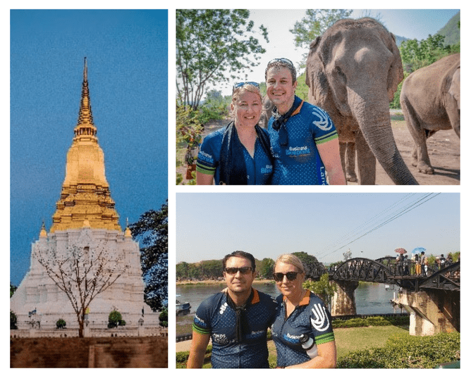 A collage of three images showing the 2019 Charity Bike Ride in Thailand: a golden pagoda, cyclists posing with elephants, and a group photo at a historical bridge