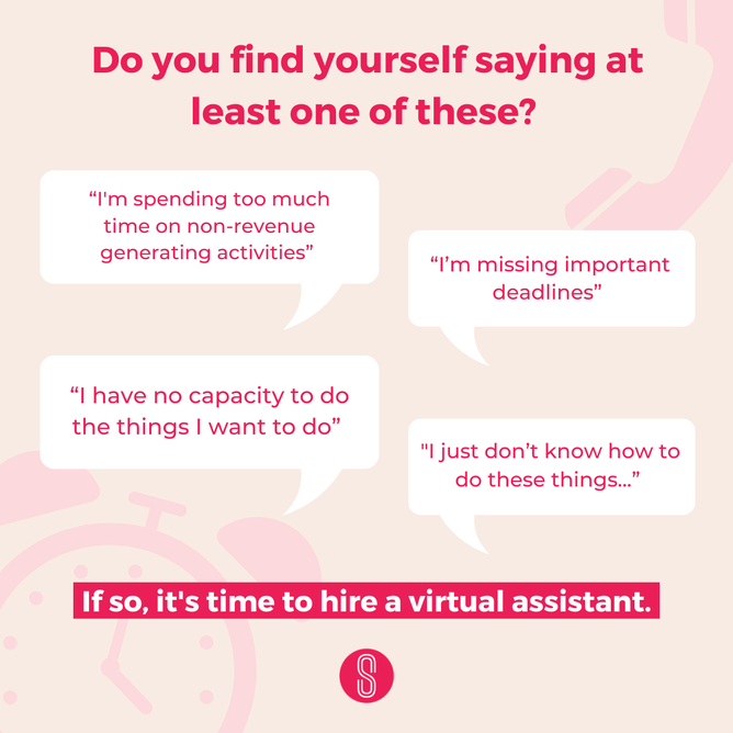 An infographic with pink and beige tones featuring speech bubbles with quotes about time management and tasks, and a call to hire a virtual assistant