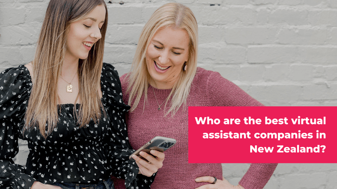 A photo of two women smiling and looking at a phone, with the text asking who the best virtual assistant companies in New Zealand are